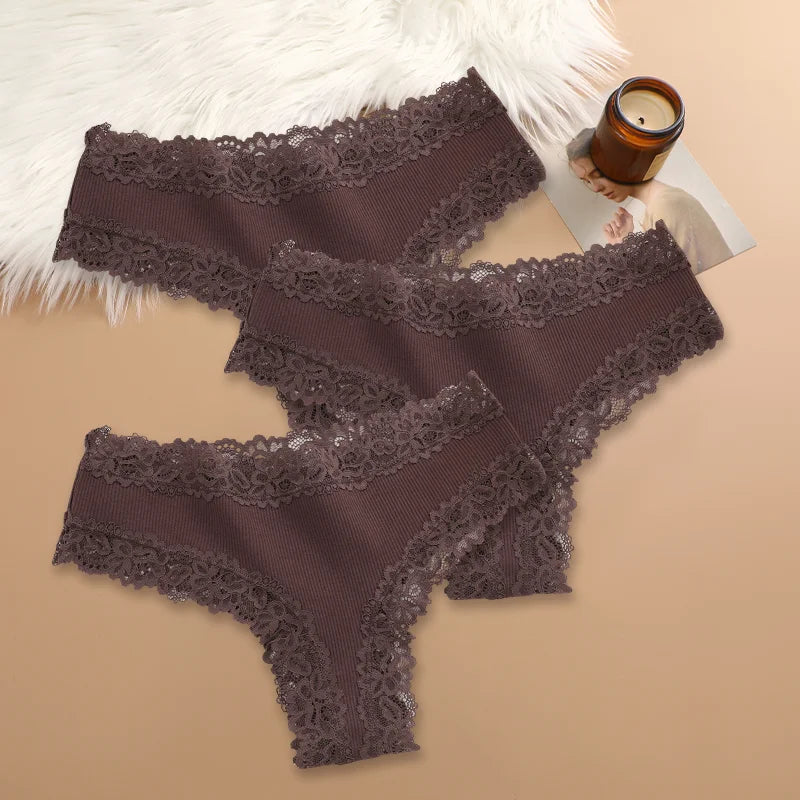 Women Cotton Panties Set 3 Pieces Floral Lace Patchwork Briefs Breathable Soft Underwear Size S XL