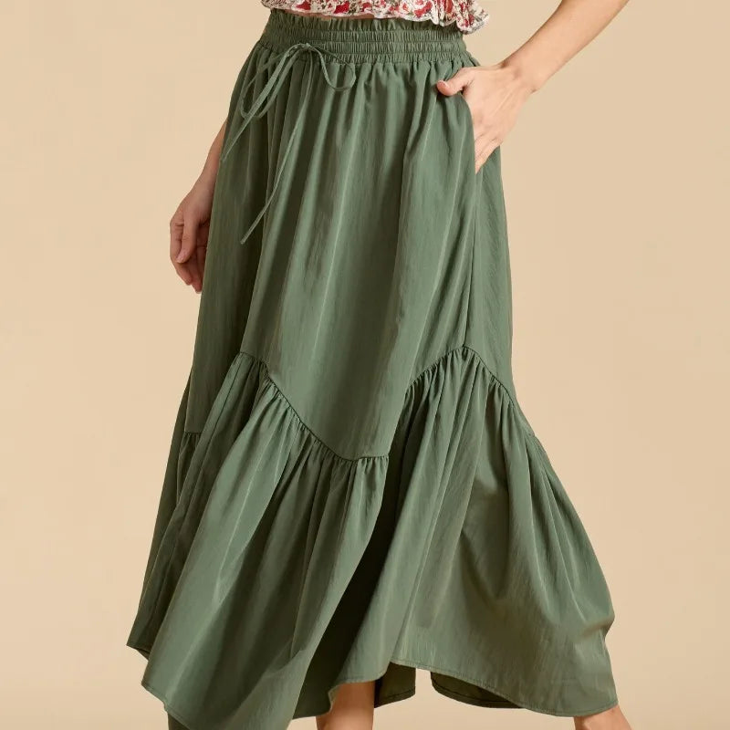 Summer Boho Maxi Skirt Women's Adjustable Drawstring High Waist Cascading Ruffles Artistic Flare European Vintage Style Sexy