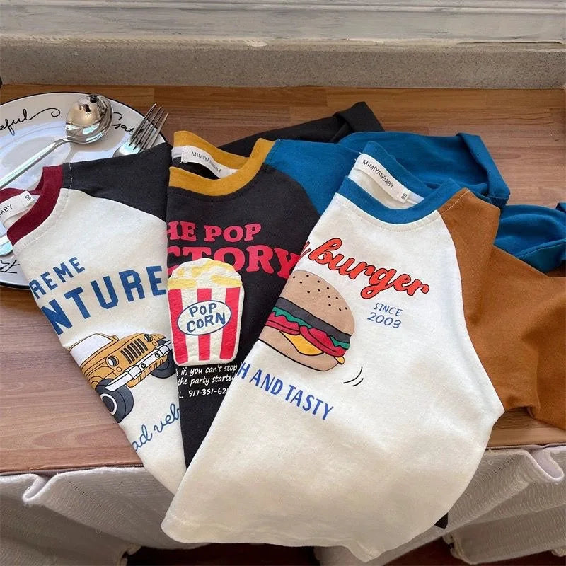 Boys Cartoon Print Cotton T-Shirt - Long Sleeve Raglan Toddler Top