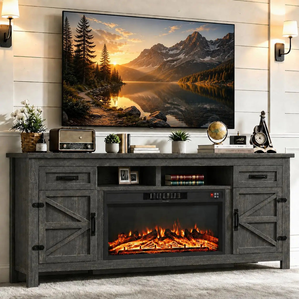 80" Black TV Stand With Sliding Barn Door & Fireplace Insert, Modern Living Room Media Console, Customized