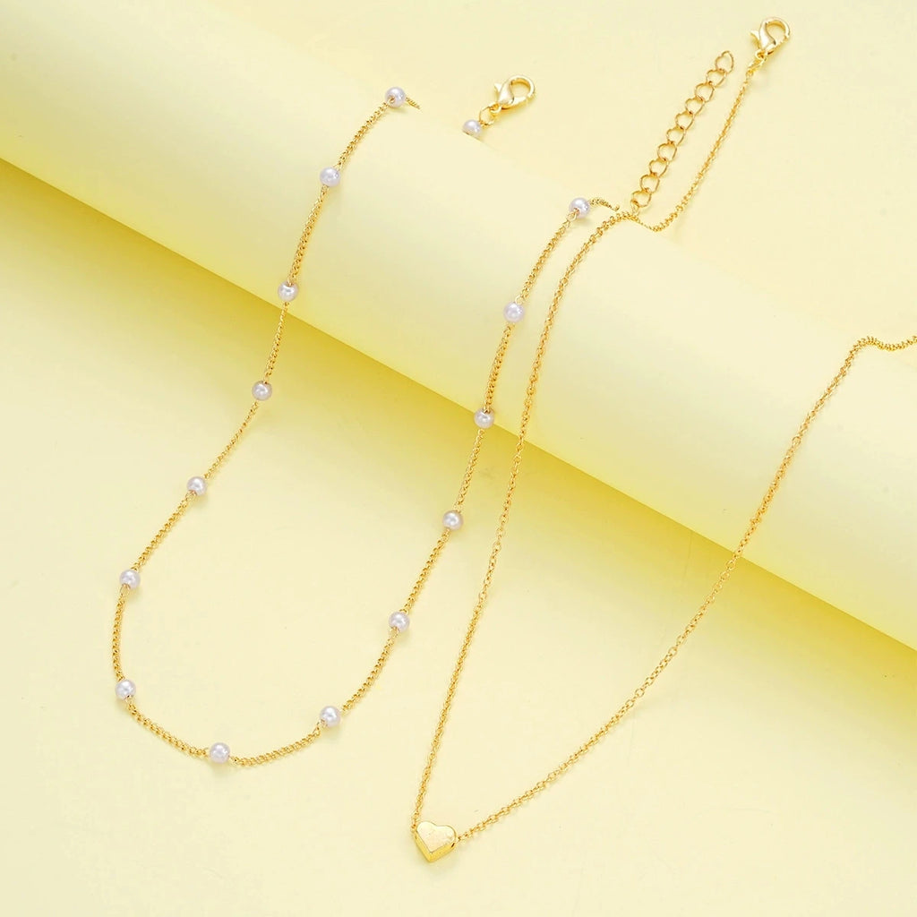 Fashion Imitation Pearl Heart Jewelry Set For Women'S Gold Silver Color Round Beads Necklace Bracelet Set Daily Wear Accessories