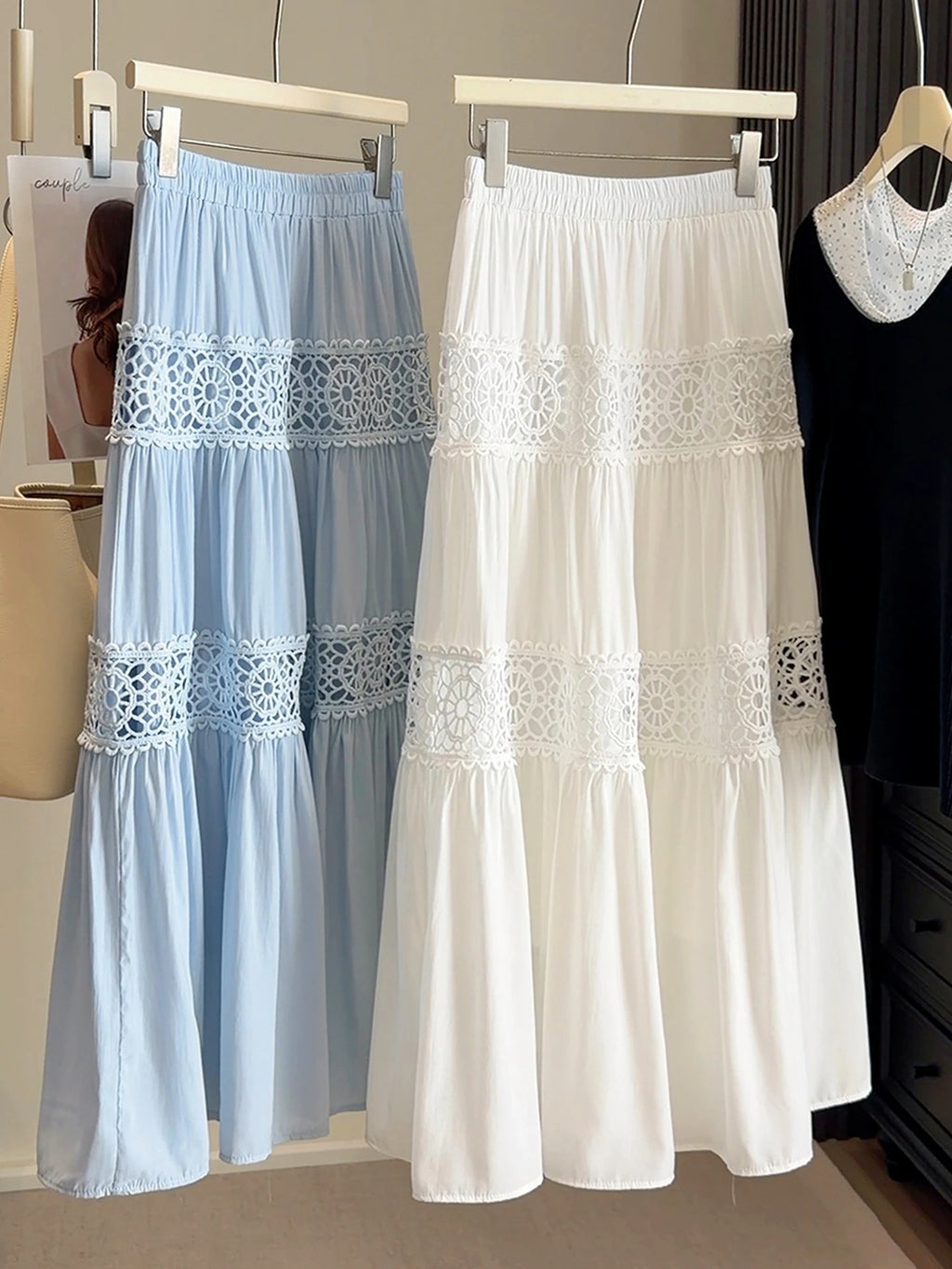 Korean-Style White Cake-Tier Skirt Women's Spring/Summer New Arrival Lace Cutout Patchwork Cotton Elegant Midi Skirt