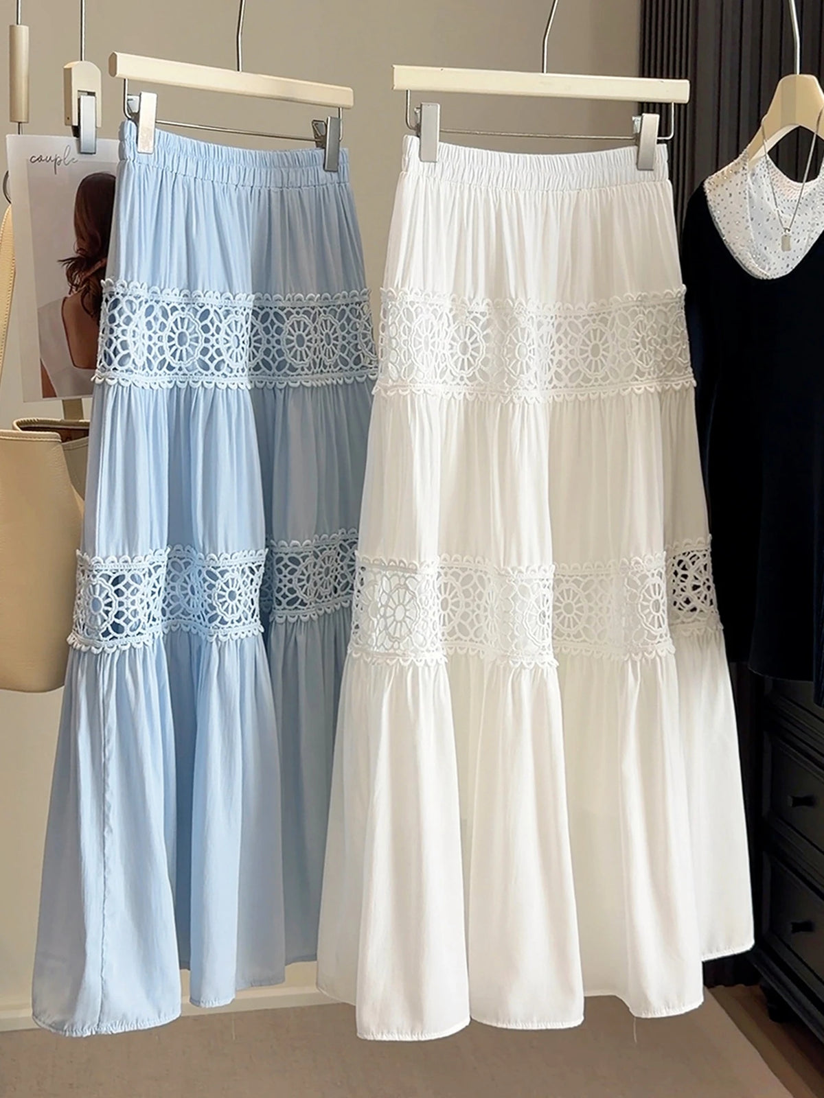 Korean-Style White Cake-Tier Skirt Women's Spring/Summer New Arrival Lace Cutout Patchwork Cotton Elegant Midi Skirt