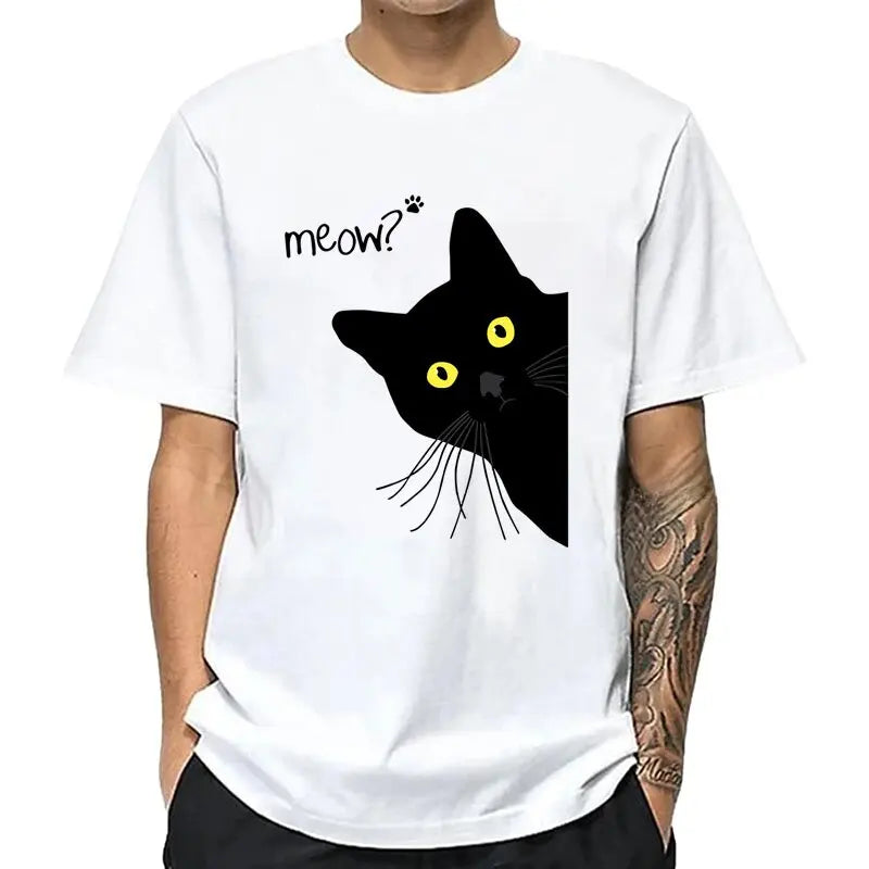 Men'S T-Shirt 100% Cotton Summer Meow Black Cat Print Men T Shirt Casual Loose O-Neck Men Tshirt Short Sleeve T-Shirt Male Tees