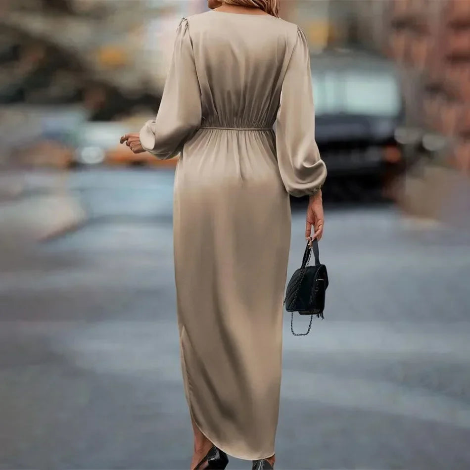 New in Satin Evening Party Maxi Dress Draped Silk V-Neck Long Sleeve Office Lady Midi Dresses Vestidos Sexy Chic Robes Longue