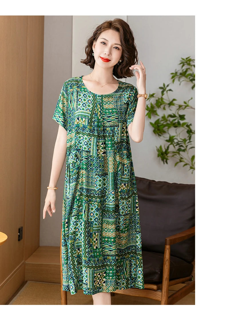 New 2025 Summer Dress Long Vintage Loose Women Elegant Sundress Dress Casual O-neck Dresses Print Plus Size