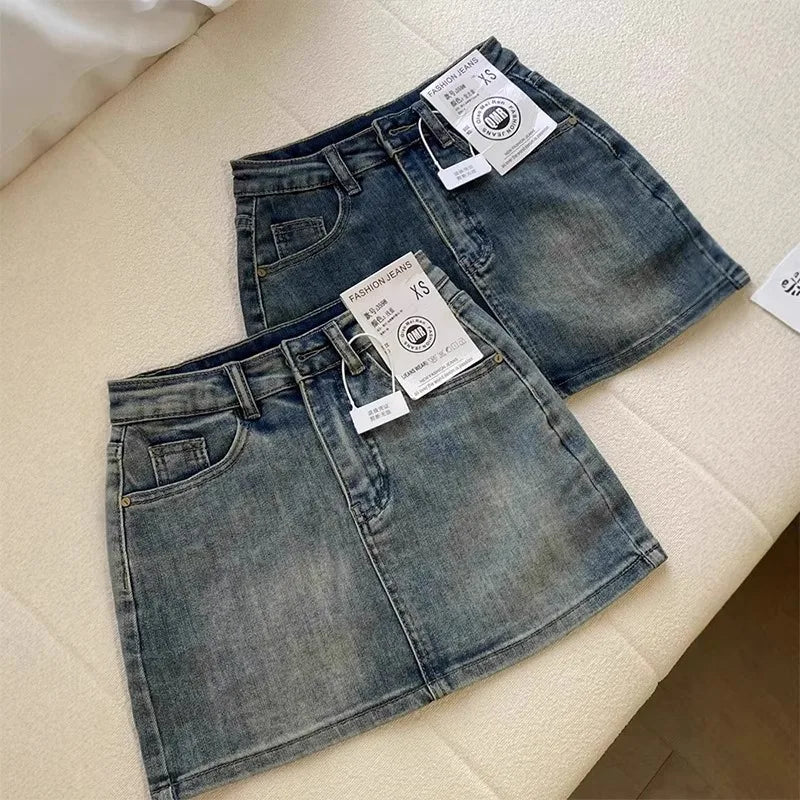 Sexy Retro High Waist Denim  Skirt Women's Anti-Light Versatile Slimming American Hot Girl f-length Summer Skirt