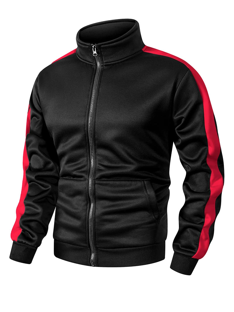 Men's Colorblock Patchwork Sporty Jacket with Kanga Pocket Fall Winter Fleece Lined Warm Long Sleeve Zip Up Coat Outwear Tops