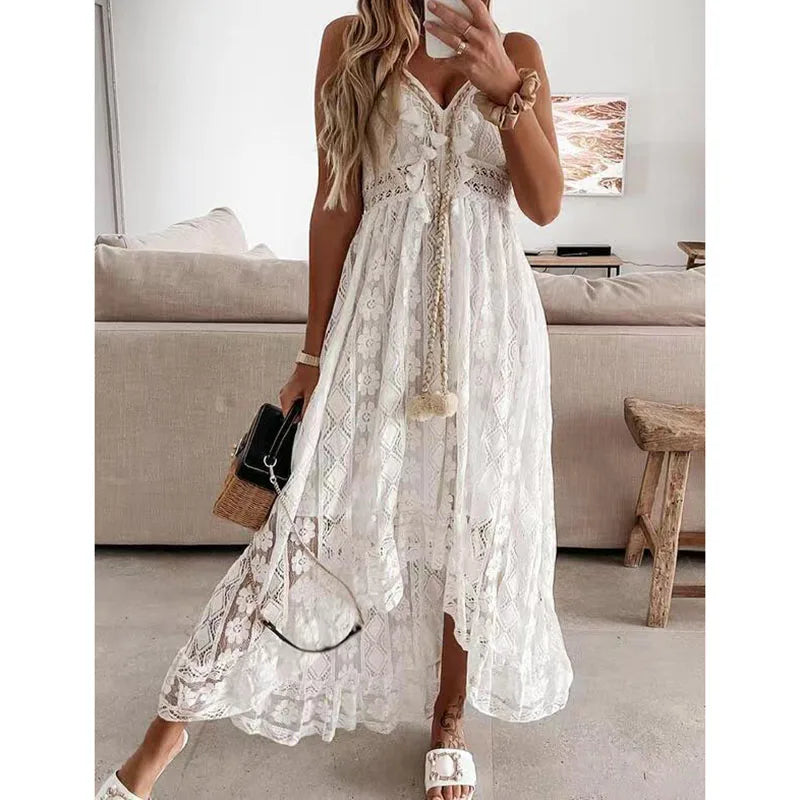 Ladies Dress A-line Lace Embroidery Design V-neck Sleeveless Mid Waist Slim Solid Color Simple Elegant Fresh Retro Sling Dress