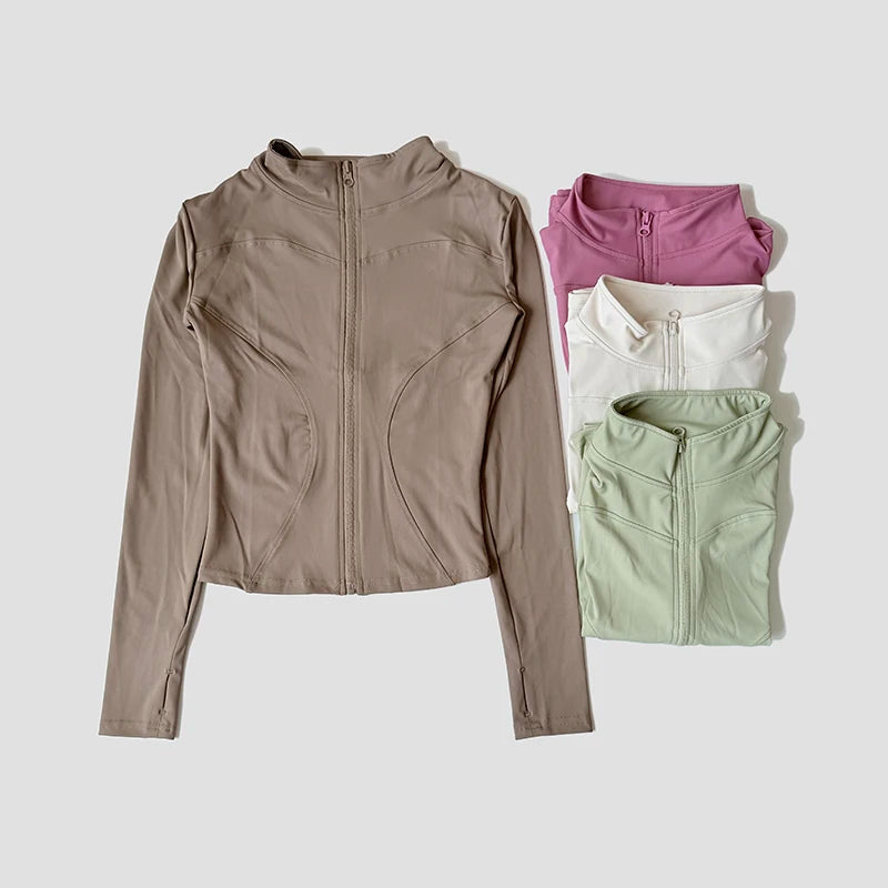 Yoga Tracksuit Women's Standing Collar Long Sleeved Sports Jacket Running Training Gym Fitness Top Windproof Suit