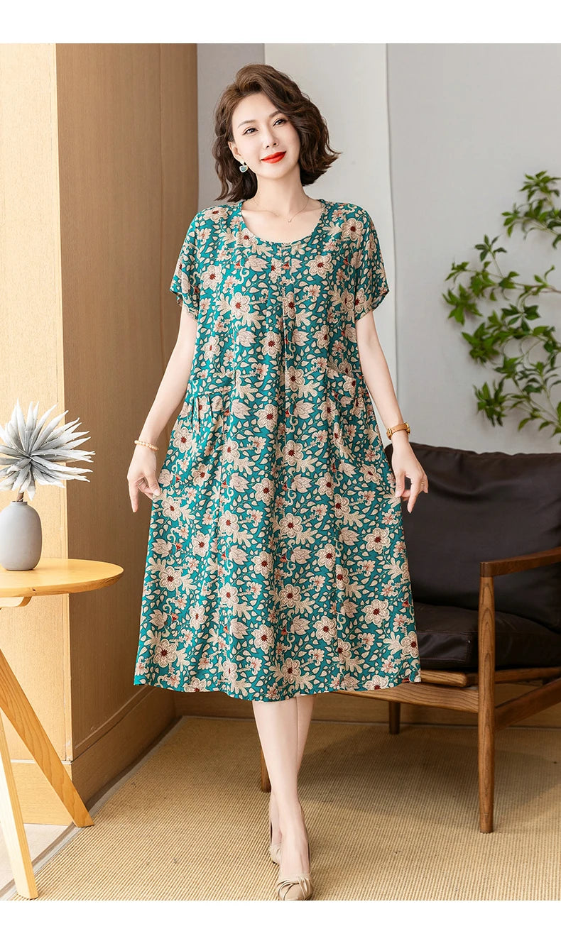 New 2025 Summer Dress Long Vintage Loose Women Elegant Sundress Dress Casual O-neck Dresses Print Plus Size
