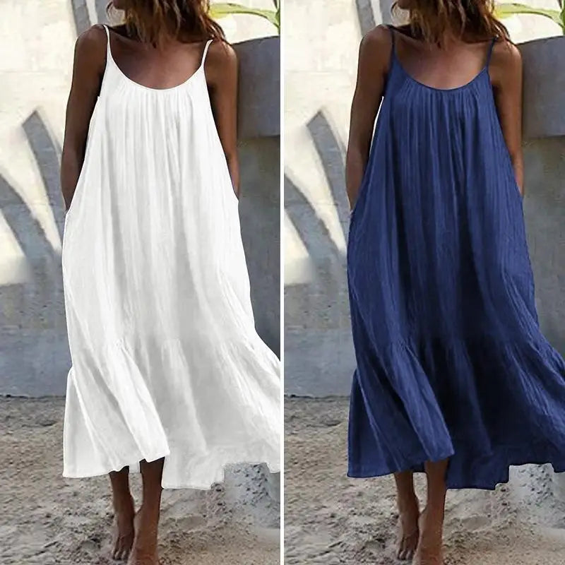 Lotus Leaf  Length Skirt Slim Shoulder High Waist Cotton Casual Style Women's Dress Fashionable Backless U-Neck Gown
