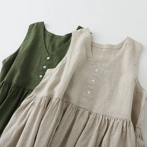 Cotton Linen Sleeveless Midi Dress For Women With V Neck Button Down Loose Fit Summer Casual