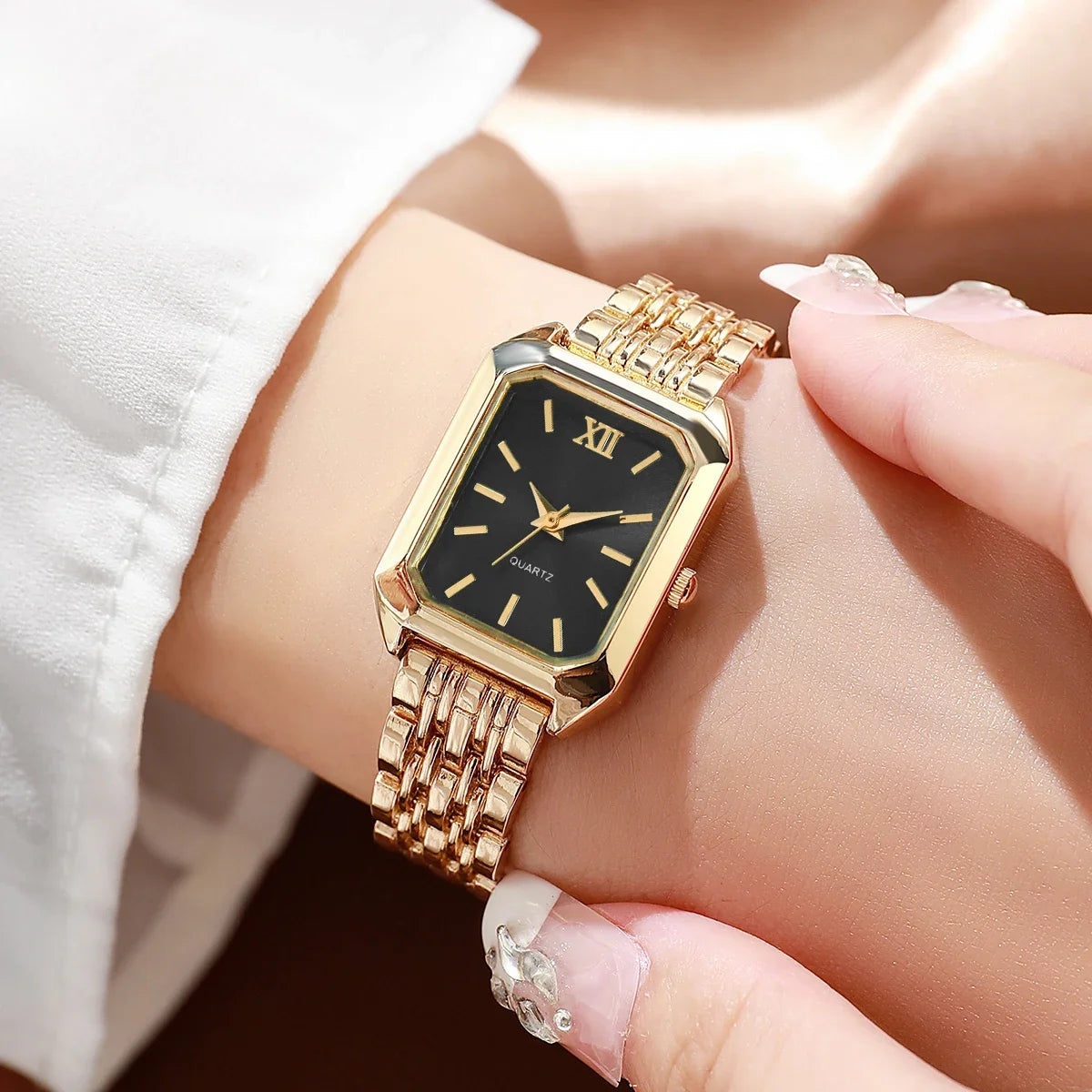 2PCS/Set Fashion Rectangle Women Quartz Watch Ladies Roma Dial Wristwatches Rhinestone Bracelet Set Reloj Mujer Girls Clock Gift