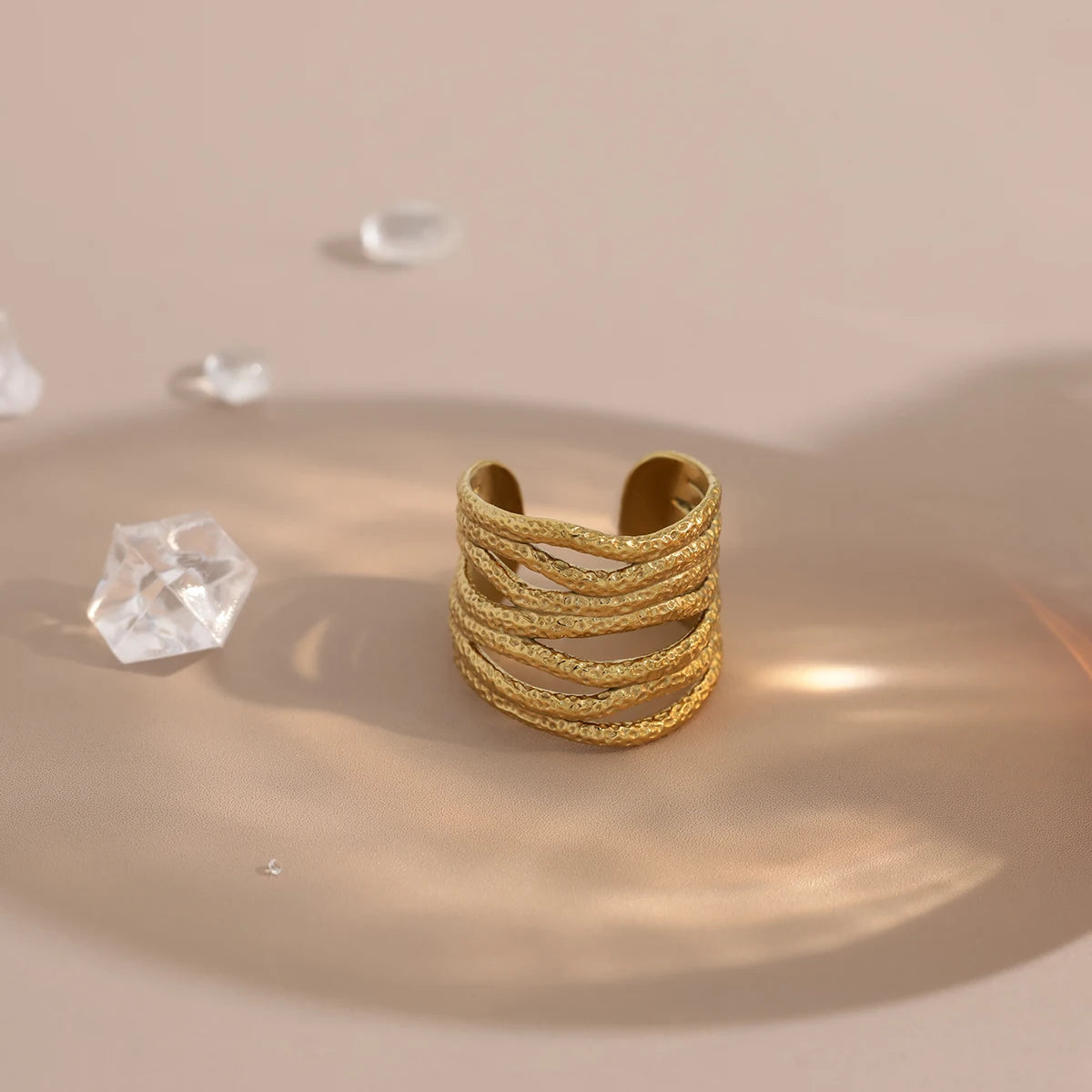 WILD & FREE Irregular Hammered Texture Stainless Steel Ring for Women Vintage 18K Gold Plated Waterproof Trendy Jewelry