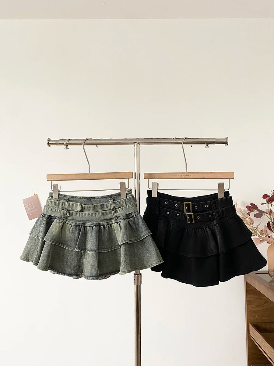 Low Waist Denim Skirt Women's Spring 2026 New Style Double Belt Anti-Light Short Skirt Casual High Waist Polyester Fiber