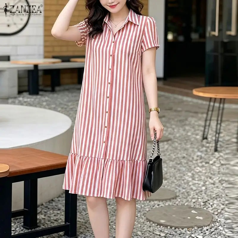 2026 Summer Striped Dress ZANZEA Women Elegant Work Dresses Short Sleeve Buttons Down Sundress Casual Holiday Knee Length Robe