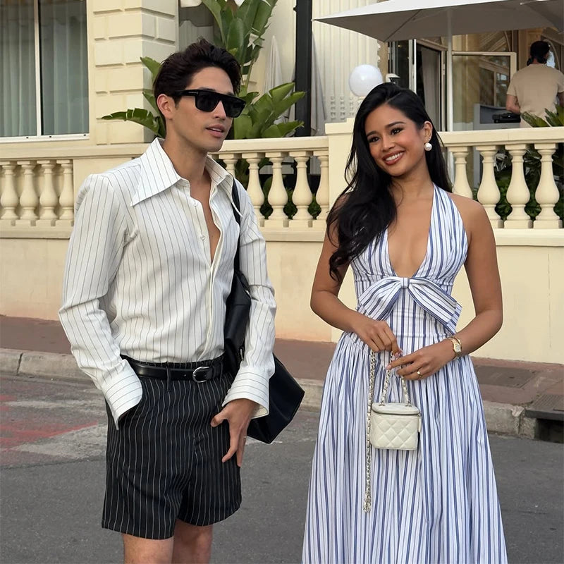 Fashion Sleeveless Slim Fit Long Vestidos New Summer Autumn Commuting Party Dresses Sexy Halter Bow Lace Up Woman Maxi Dress