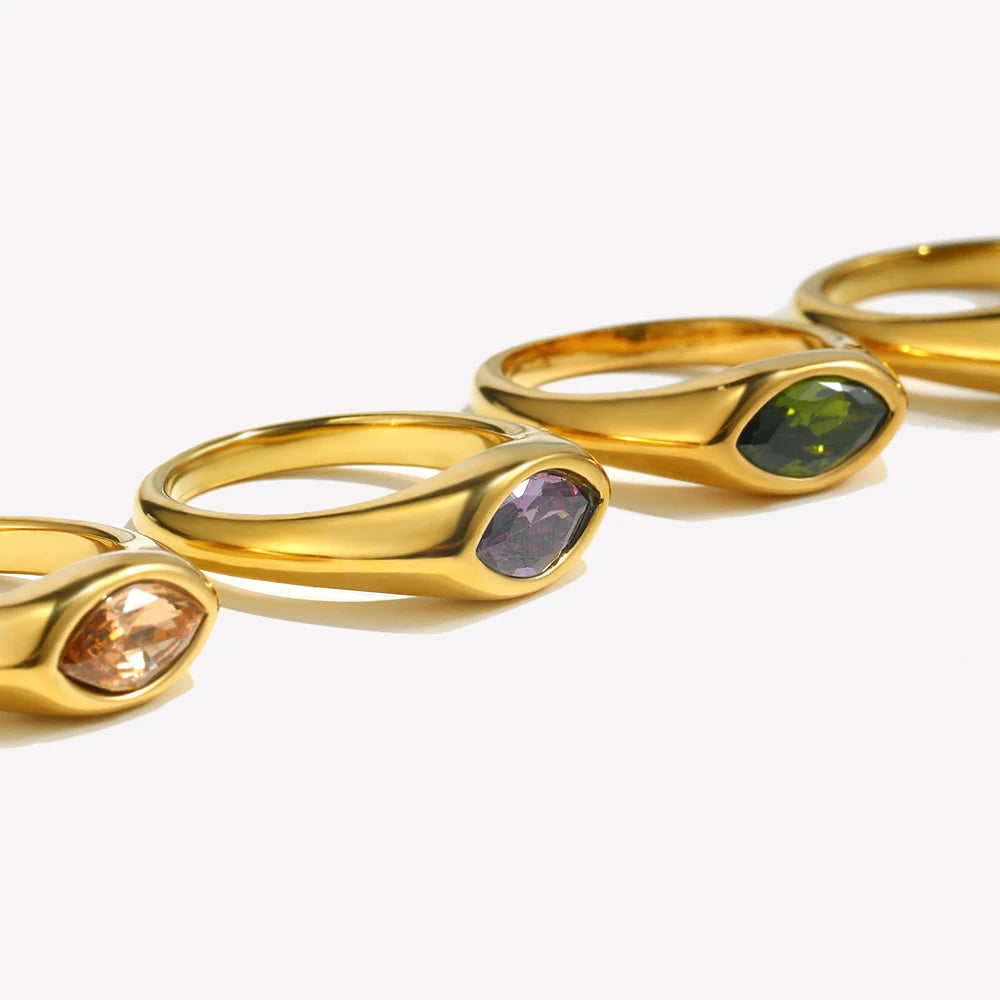 E.B.Belle Horse Eye Zircon Seal Ring 316L Stainless Steel Hypoallergenic 18K Gold Plated For Women