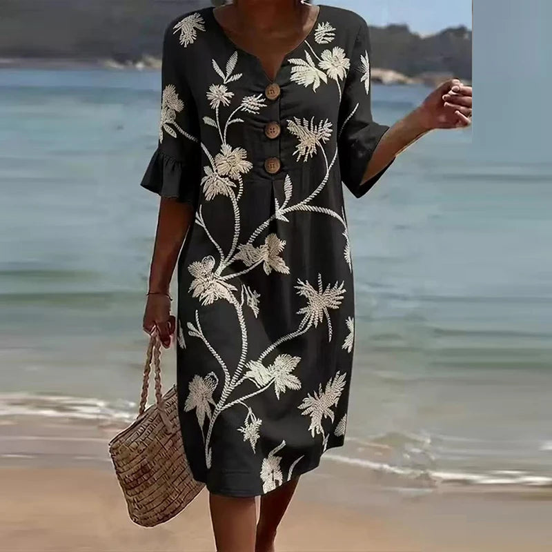 Summer Vintage Printed Dress Women Casual V Neck Half Sleeve Button Design Midi Dresses For Women Loose Beach Holiday Dress Boho