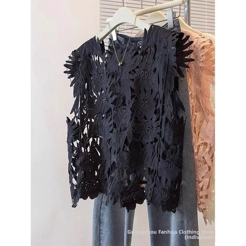 French Elegant Sleeveless Lace Hollow out Top Women's Summer New Design Asymmetrical Outerwear Vest Cover up Polyester Fabric