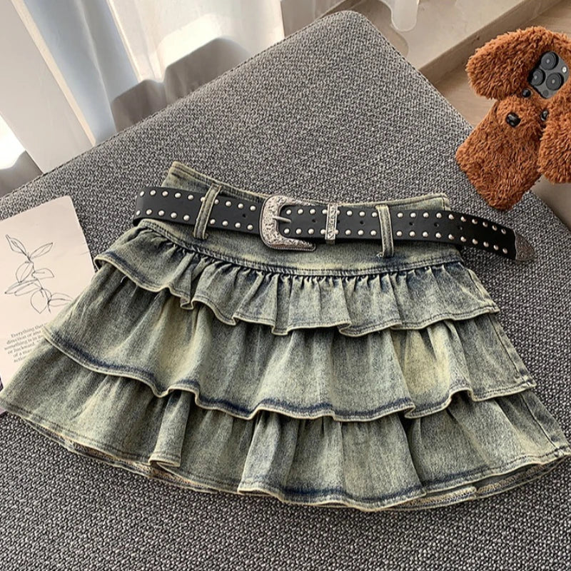 Seoulish American Style Hot Girl Denim Skirt 2026 New Summer Stretch Cake Layer Pleated Skirt High Waist Jeans Mini Skirts Women