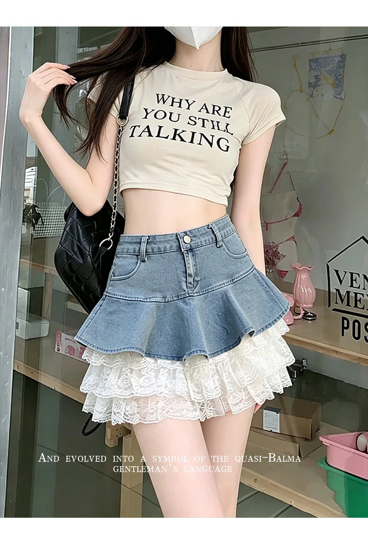 HotSweet Denim Patchwork Lace Mini Skirt 2026 Summer Ruffled Slimming A-Line Skirt For Women Streetwear Y2k Short Skirts