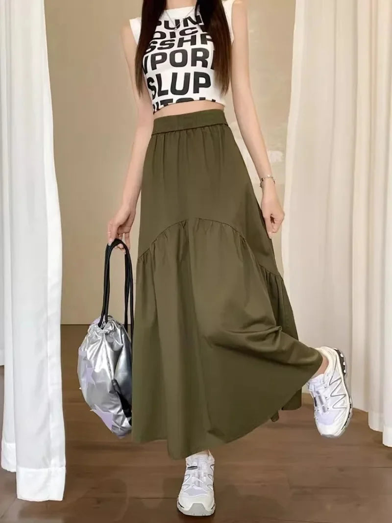 Elegant Women's Skirt Autumn New A-line Simple Fashion Solid Color Bustier Korean Pleated Splicing Elastic Waist Long Skirt