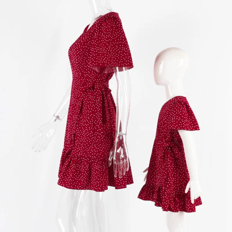 Summer 2026 Polka Dot Print Mom and Daughter Matching Clothes Ruffles Lace-up Dresses Short Sleeve Mini Dress Cute Holiday Look