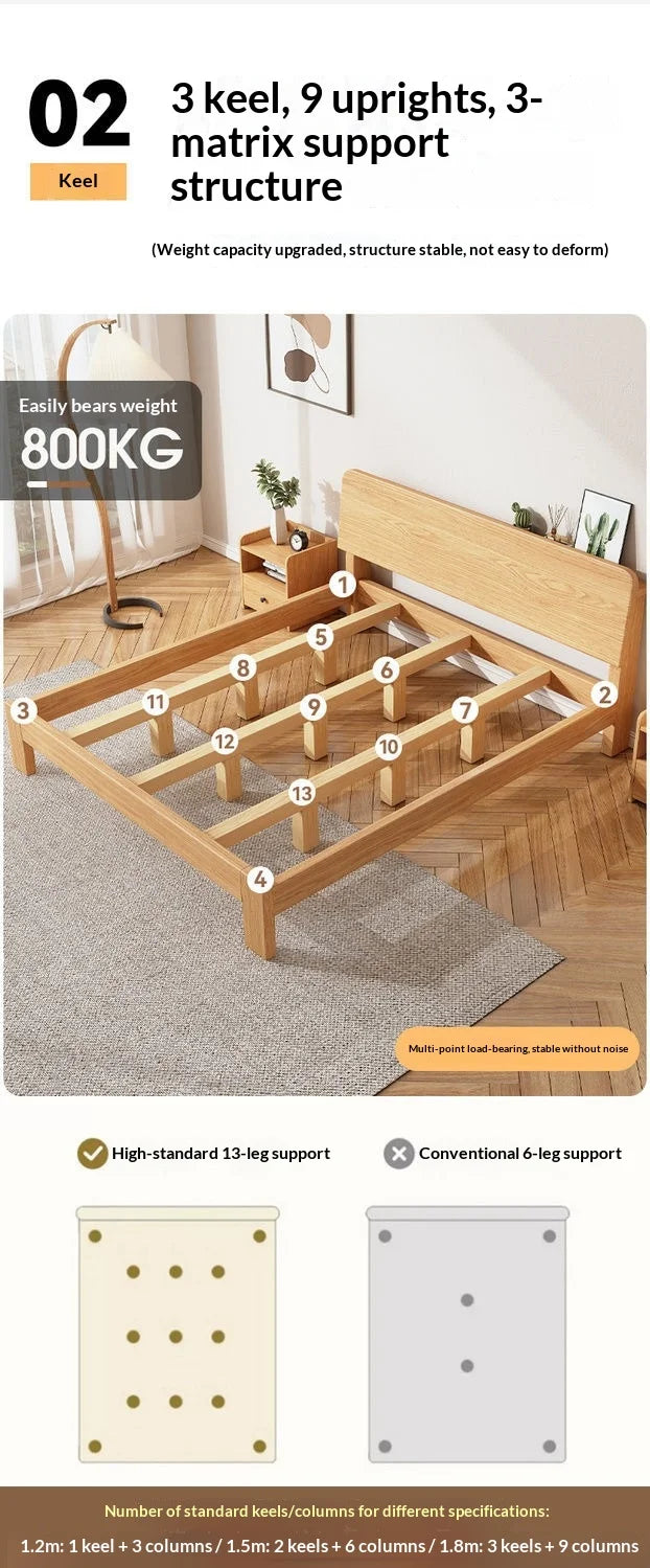 Japandi Beech Solid Wood Bed With Headboard, Japanese Log Low Bed Frame, Single Double Platform Bed For Small Bedroom Furniture