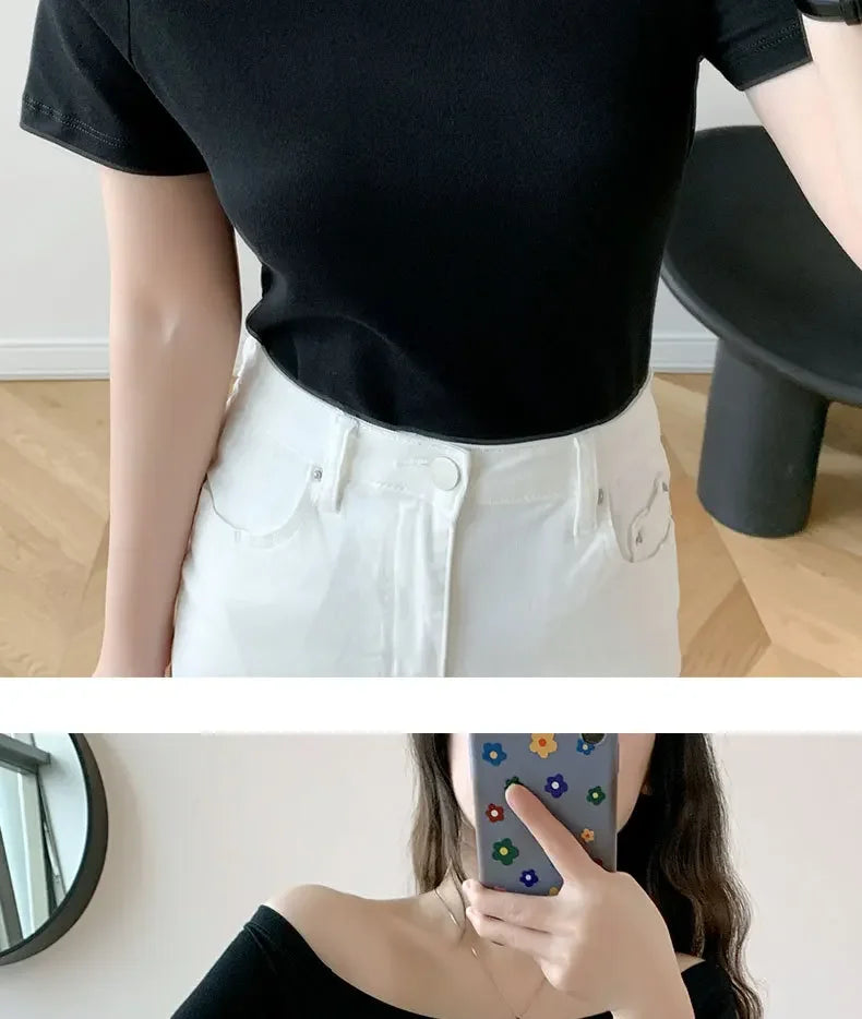 MRMT 2026 Brand New Women's T Shirt Cotton Slim Fit Short Sleeve T-Shirt For Female Off Shoulder Tops One Line Neck Tshirt