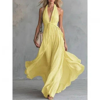 Elegant V-Neck Sleeveless Waist-Cinched Long Dress Summer New Style Pure Color Holiday Vibes Cross-Border Polyester Maxi Dress