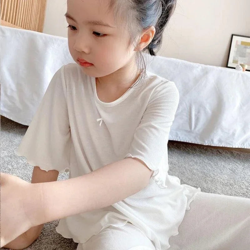 Sonkpuel Girls' 2-Piece Ice Silk Pajama Set - Short Sleeve Casual