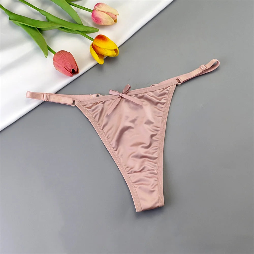 3pcs Sexy Satin Silk Underwear Panties Woman Adjustable Low Waist G Strings Plus Sizes Thong Elastic Waist Culotte Femme