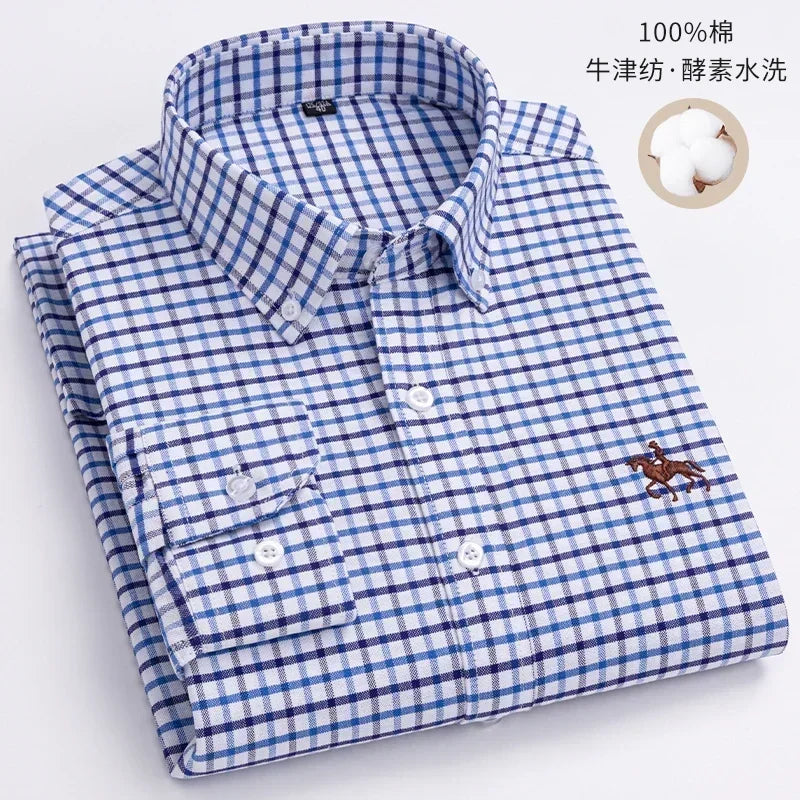 Premium Pure Cotton Oxford Shirt For Men Long Sleeve With Embroidered Horse Design Regular Fit White Dress Shirt