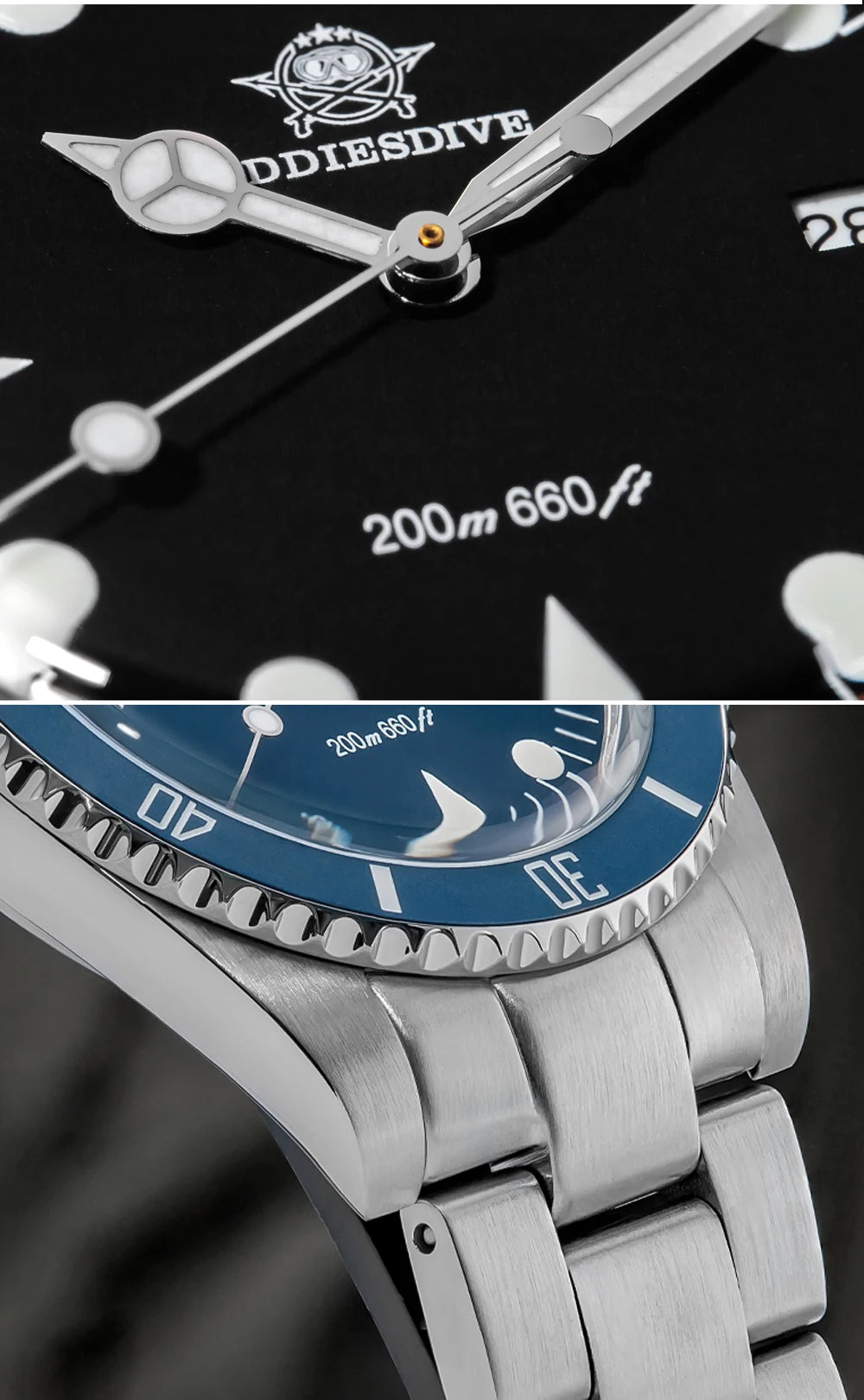 ADDIESDIVE Men's Diving Watch Stainless Steel Ceramic Bezel Quartz Watch Men's BGW9 Luminous 200m Waterproof  Men's Watch