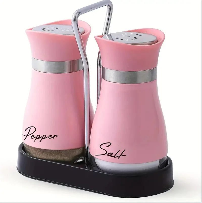 Botella de cristal para especias de cocina, juego de 2 molinillos de sal y pimienta recargables ajustables con estante, dispensador de especias con orificios para verter