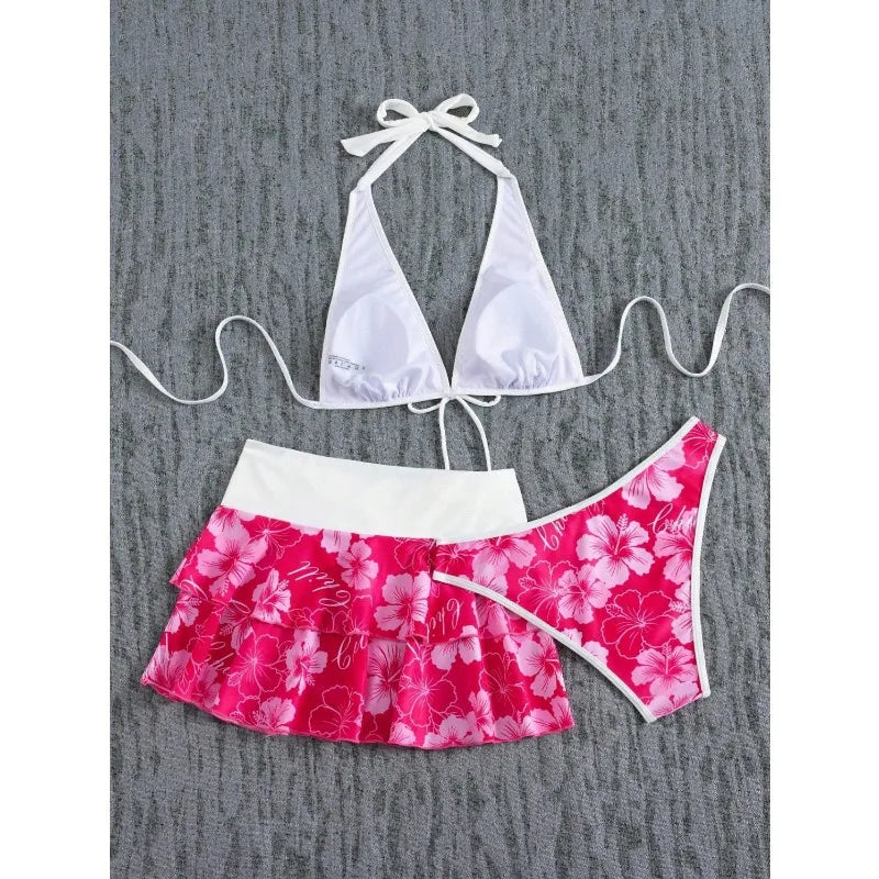Elegant Floral Color Block Swimsuit Women Triangle Halter High-Waist Bikini Set Cover Up Skirt 2026 New Micro Bikini Three-Piece