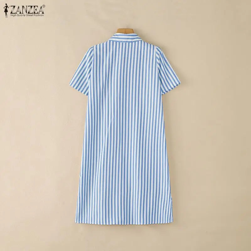2026 Summer Striped Dress ZANZEA Women Elegant Work Dresses Short Sleeve Buttons Down Sundress Casual Holiday Knee Length Robe