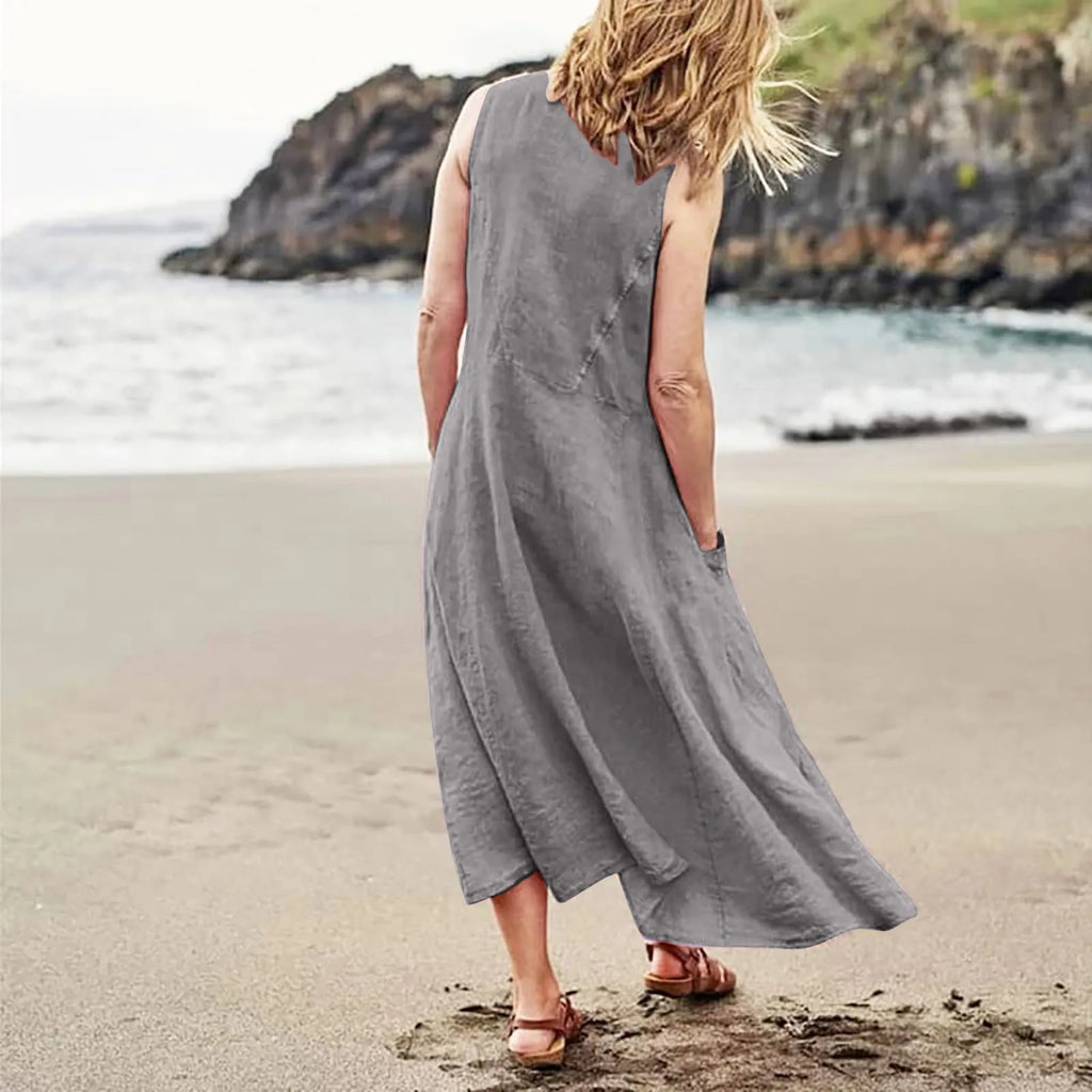Women Cotton linen dress Fashion Simple beach dresses Solid Color Sleeveless Long skirt With pocket vestidos veranos moda 2024