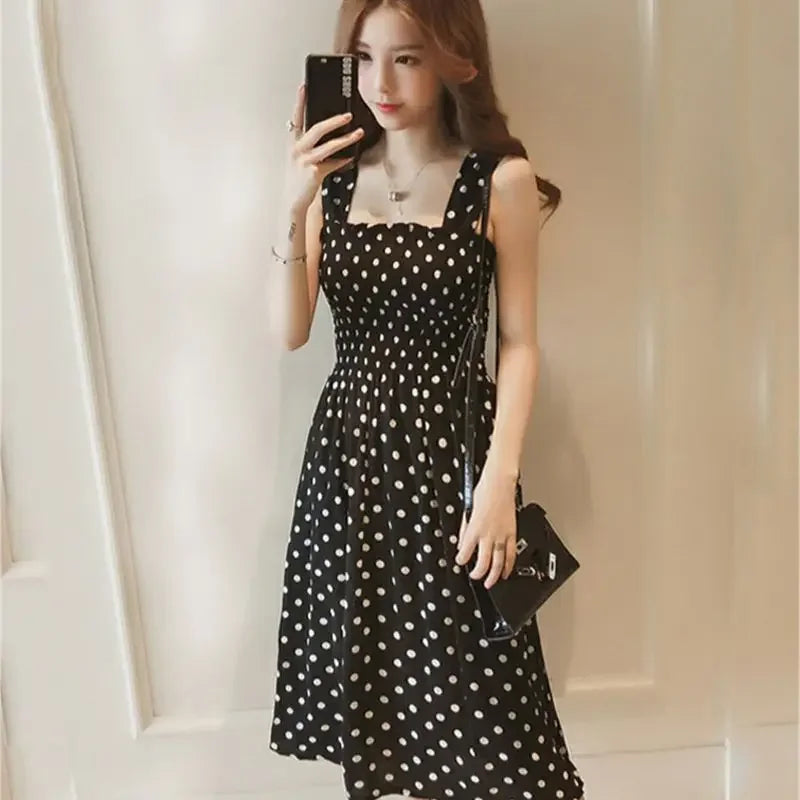 Women's Polka Dot Chiffon Maxi Dress – Elegant Square Neck Sleeveless Summer Dress