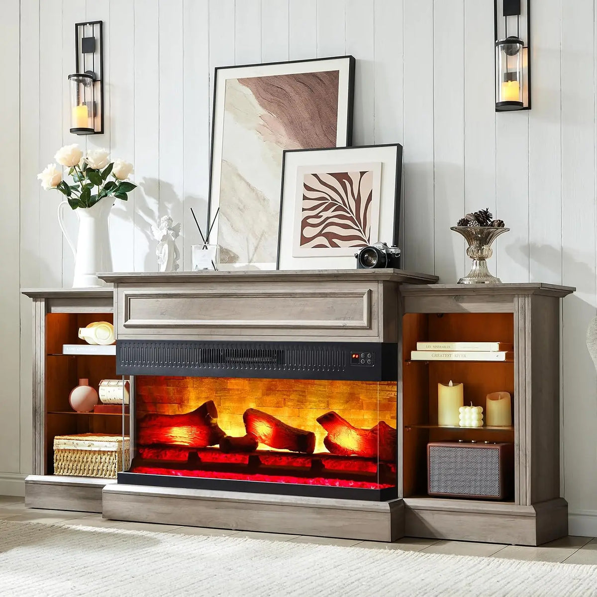 70" Electric Fireplace with Mantel, Farmhouse 3-Sided Fireplace TV Stand for TVs up to 75 Inch, Entertainment, Customized