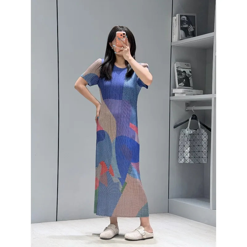 Miyake Pleated Dresses 2026 Summer New Fashion Printed Round Neck Short Sleeve Elegant Women's Draped Elastic Wrinkle-Free Dress