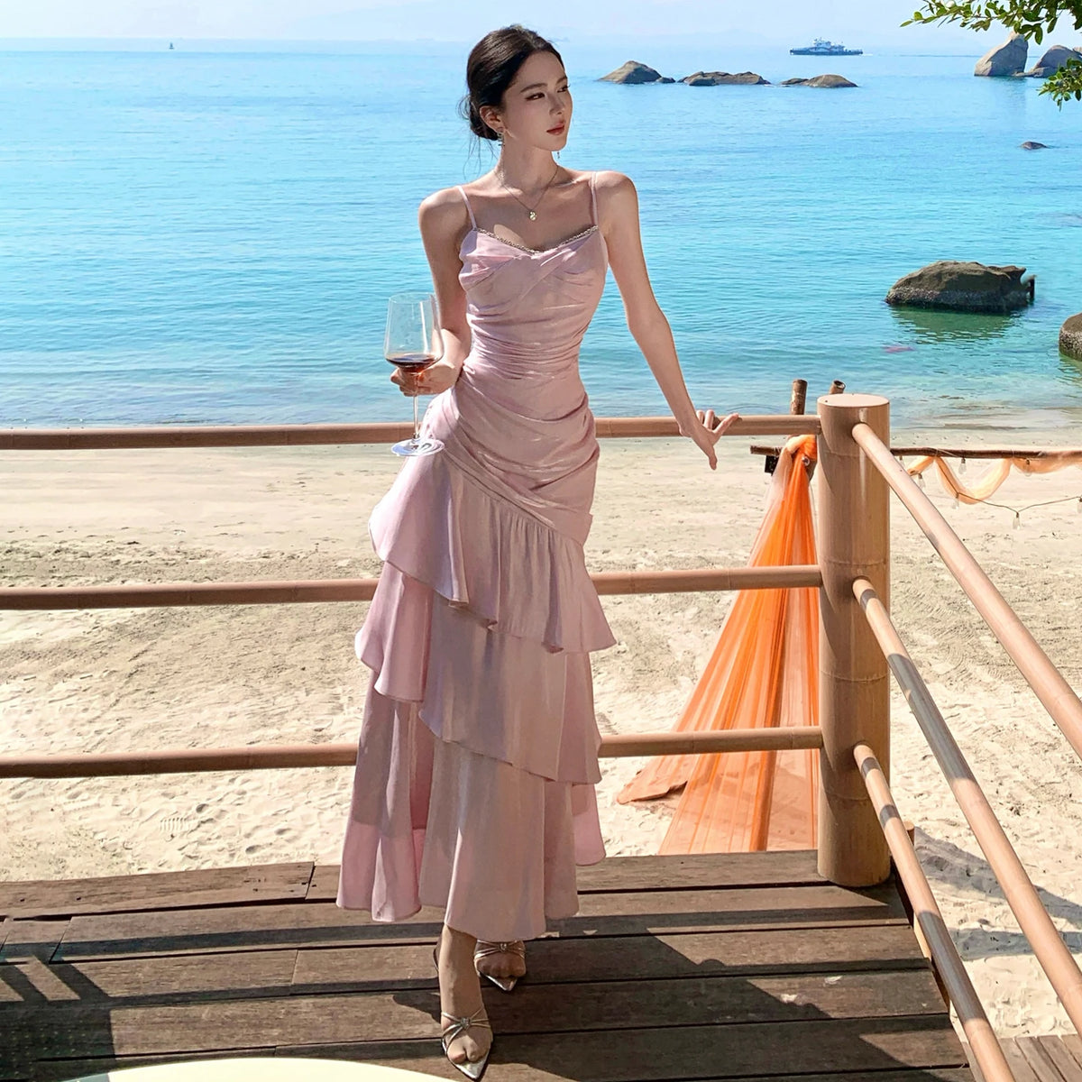 Elegant Women Spaghetti Strap Maxi Dress Rhinestone Trim Ruched Waist Ruffle Hem Pink Dress For Cocktail Party Wedding Guest