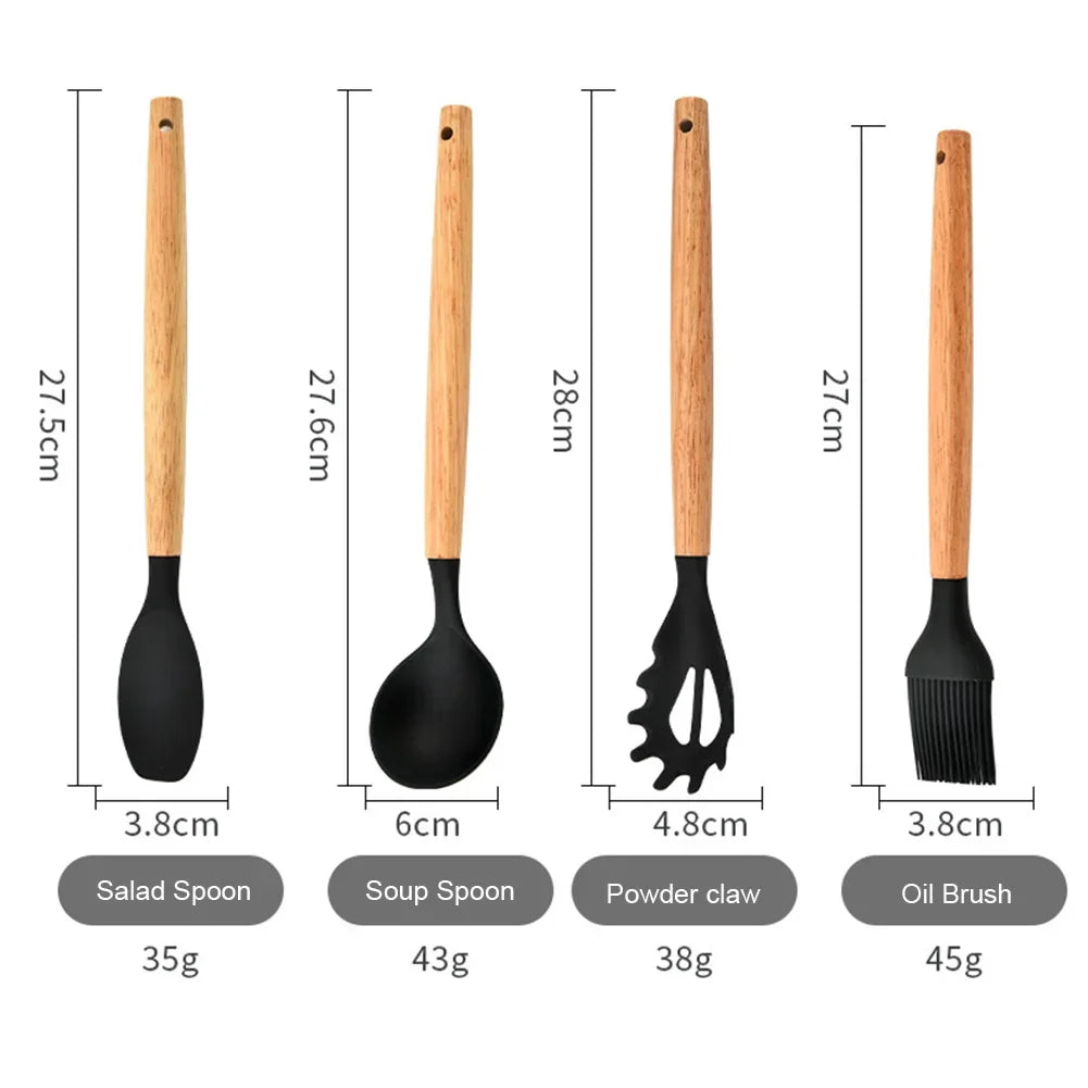 12Pcs Kitchen Utensil Set Silicone Spatula Set Wooden Handle Cooking Tools Kit with Holder Heat-Resistant Cookware for Kitchen