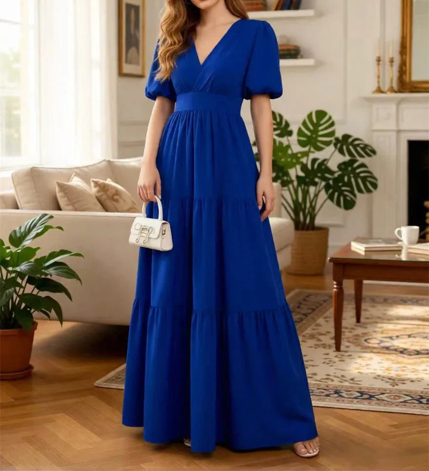 New Spring/Summer Fashion Casual Short Sleeve V-neck Solid Color Slim Fit Ankle Length Patchwork Fit And Flare Dress,2 Colors