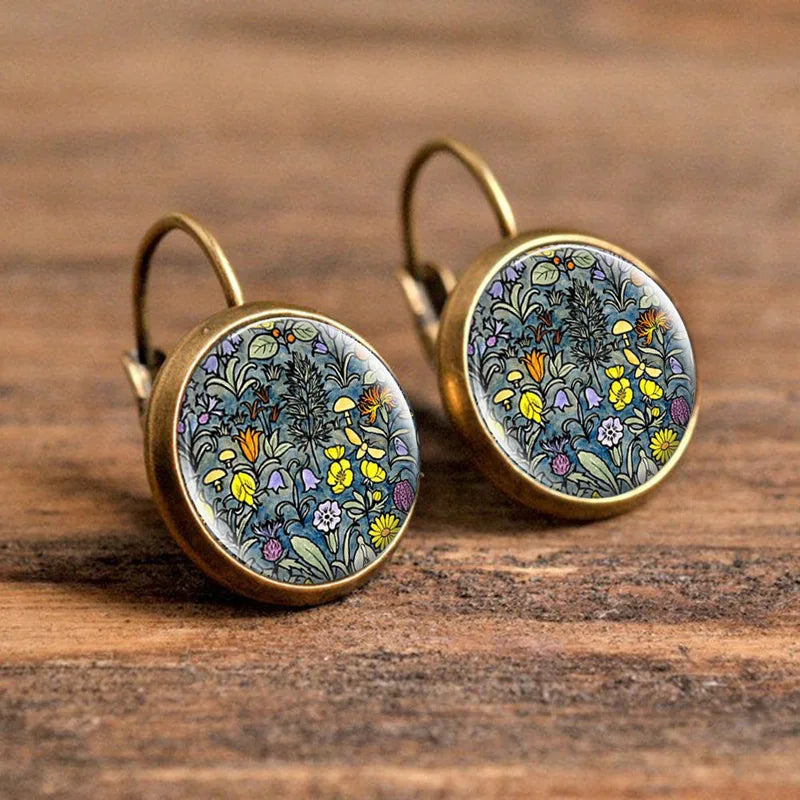 Hot Selling Pop Jewelry Dome Glass Alloy Earrings Flower Painting Noble Fashion