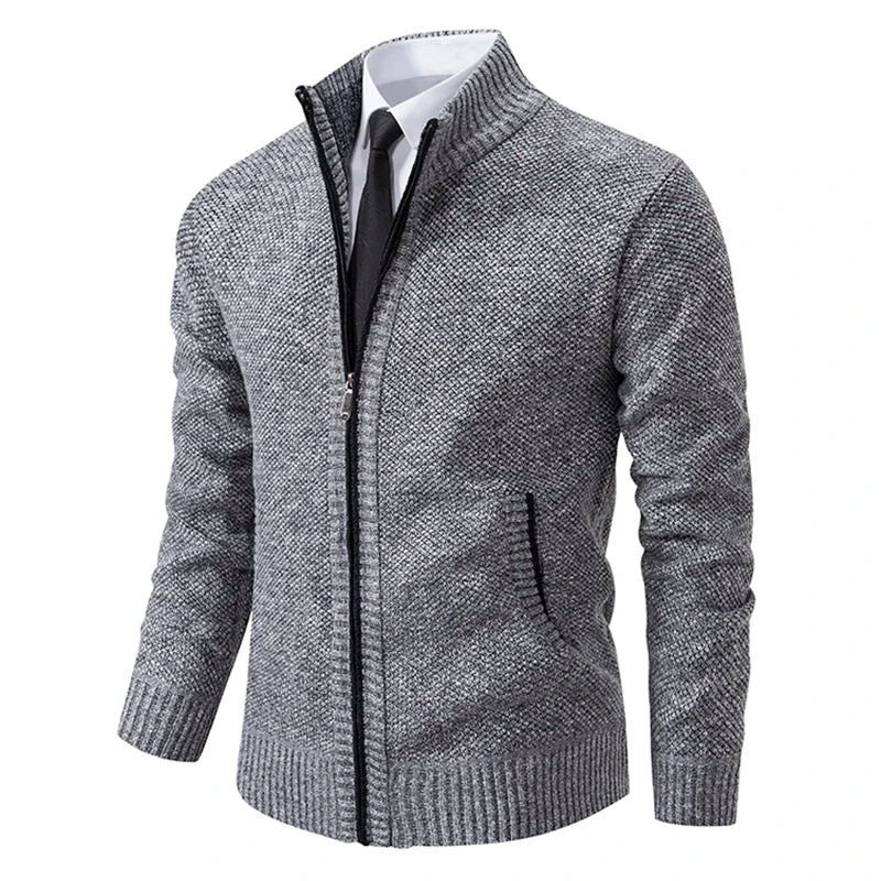 Men's Fleece Zip Cardigan Warm Stand Collar Jacket For Autumn Winter Solid Color Casual Sportswear For Men