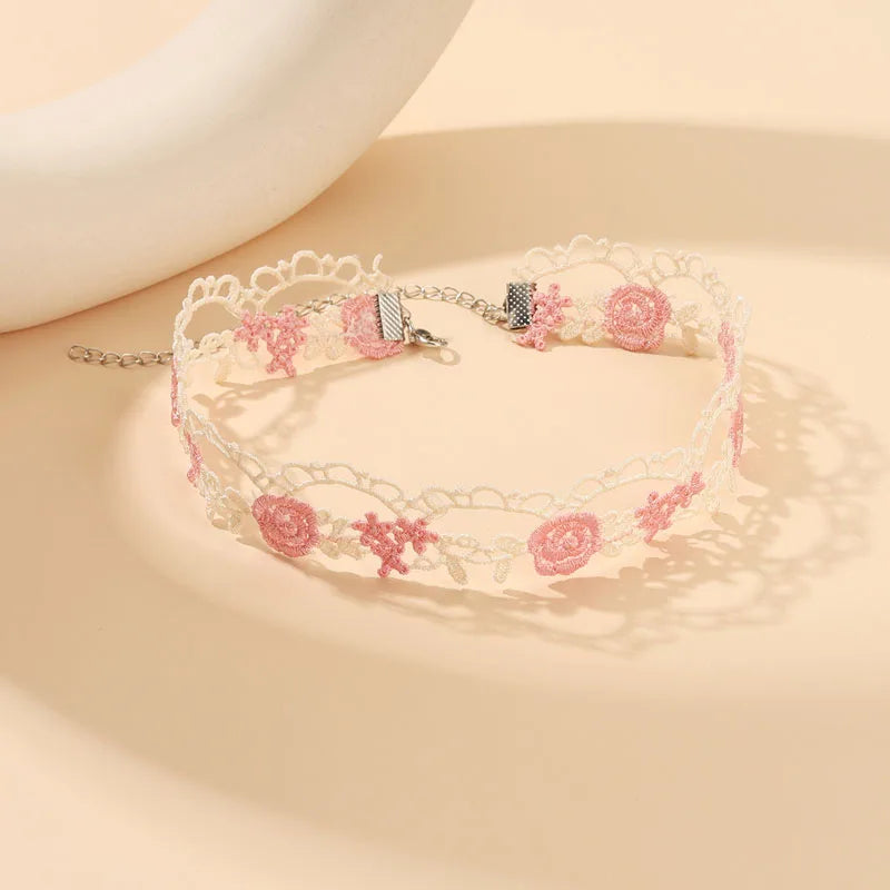 5 Pieces Sweet Pink Lace Choker Necklace Set For Women'S With Flower Pearl Dangle Clavicle Jewelry Accessories For Girls