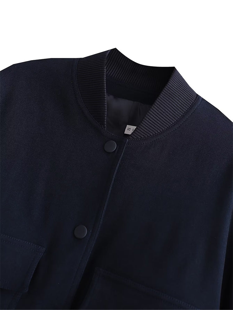 Women's Vintage V-Neck Bomber Jacket with Pockets